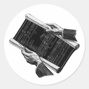 Sticker Rond Mains avec plans d'architecture bleus, Entreprise 