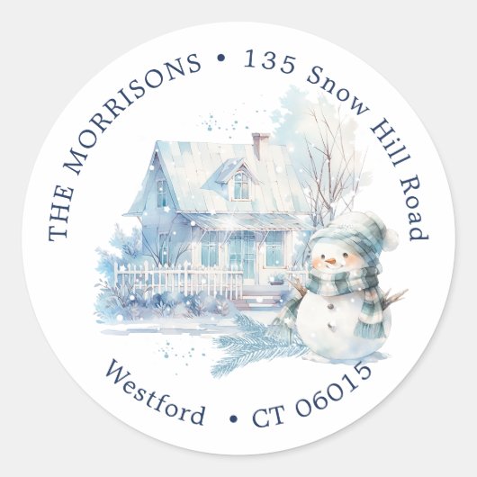 Sticker Rond Maison Blue Snowman Adresse de retour de Noël (Devant)