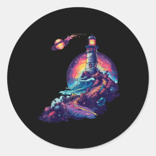 Sticker Rond Maison de bord de mer avec phare et voile