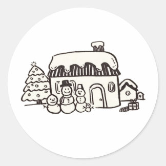 Sticker Rond Maison de Noël avec bonhomme de neige