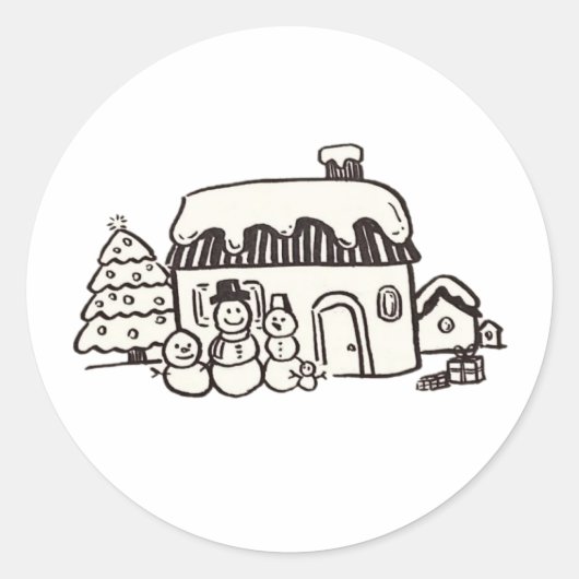 Sticker Rond Maison de Noël avec bonhomme de neige (Devant)