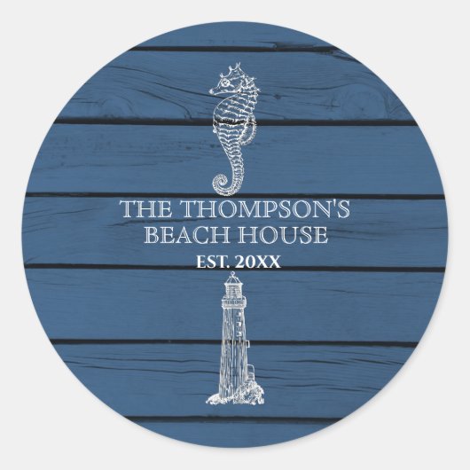 Sticker Rond Maison de plage Rustique Blue Wood Seahorse Lighth (Devant)