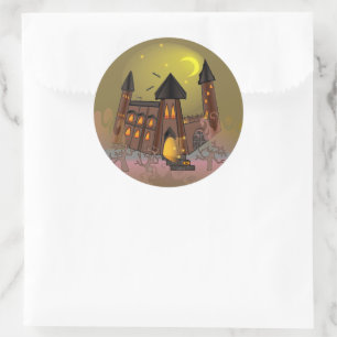 Sticker Rond Maison de sorcière éffrayante Halloween et château