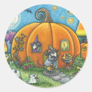 STICKER ROND MAISON DE SOURIS, TRICK OU TRAITEMENT BALLES HALLO