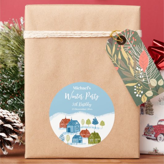 Sticker Rond Maison d'hiver Fête d'anniversaire Bébé cadeau (vacances)