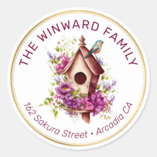 Sticker Rond Maison d'oiseau florale de printemps aquarelle Adr