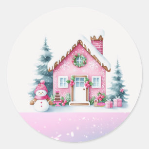 Sticker Rond Maison en pain d'épice de village hivernal rose 
