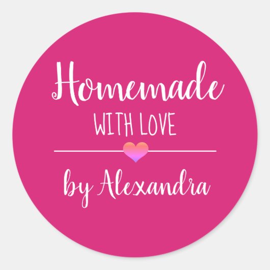 Sticker Rond Maison faite avec amour rose blanc nom de script (Devant)