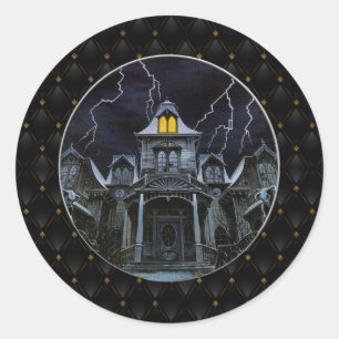 Sticker Rond Maison Halloween à la frontière noire