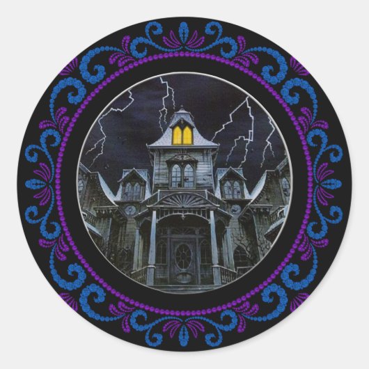 Sticker Rond Maison Halloween bleu violet hantée (Devant)