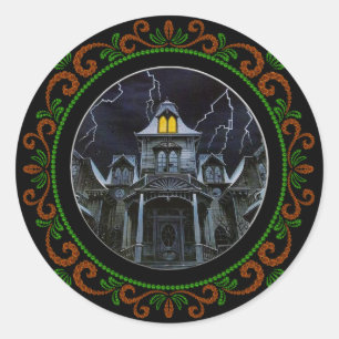 Sticker Rond Maison Halloween Orange Green Haunween