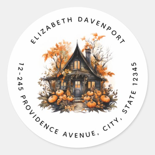 Sticker Rond Maison hantée avec adresse d'Halloween Citrouille (Devant)