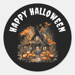 Sticker Rond Maison hantée avec Citrouilles heureux Halloween