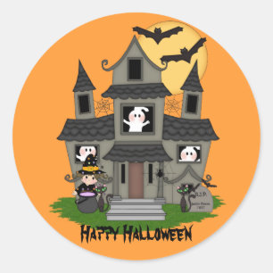 Sticker Rond Maison hantée d'Halloween mignonne et petite sorci