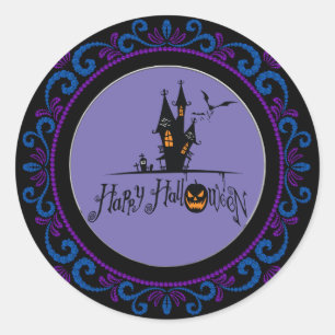 Sticker Rond Maison hantée d'Halloween violette bleue