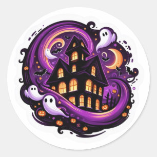 Sticker Rond Maison hantée Halloween Éffrayant fantôme et Citro
