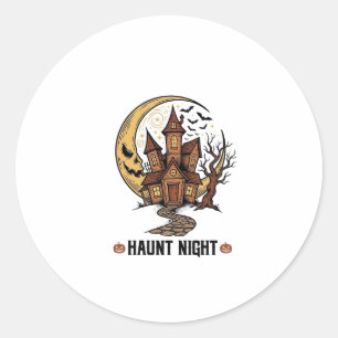 Sticker Rond Maison Hantée Halloween Gravure Vintage Blanc Sh