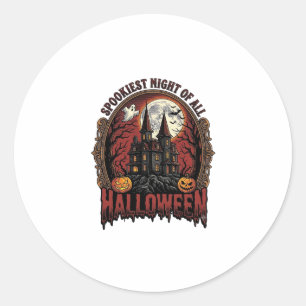 Sticker Rond Maison Hantée Halloween Gravure Vintage Épouvantab