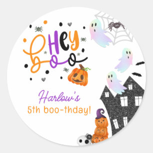 Sticker Rond Maison hantée Hey Boo Purple Halloween Anniversair