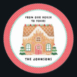 Sticker Rond Maison pain d'épice | Christmas Cookie Exchange<br><div class="desc">Ce modèle autocollant d'échange de biscuits présente une maison de pain d'épices festive décorée de gouttes rouges, aqua et vertes sur un arrière - plan blanc avec une pochette rouge et blanche. Au-dessus de la maison de pain d'épices, il est écrit "de notre maison à la vôtre" Vous pouvez personnaliser...</div>