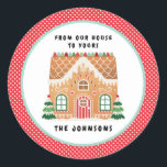 Sticker Rond Maison pain d'épice | Christmas Cookie Exchange<br><div class="desc">Ce modèle autocollant d'échange de biscuits présente une maison de pain d'épices festive décorée de gouttes rouges, aqua et vertes sur un arrière - plan blanc avec une pochette rouge et blanche. Au-dessus de la maison de pain d'épices, il est écrit "de notre maison à la vôtre" Vous pouvez personnaliser...</div>