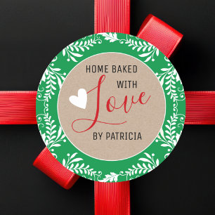 Sticker Rond Maison Rustique Kraft Cuite Avec Amour Vert Et Bla