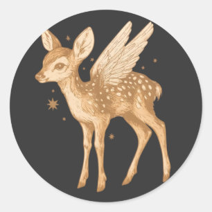 Sticker Rond Maisonnette féerique à faon ailé Cottagecore