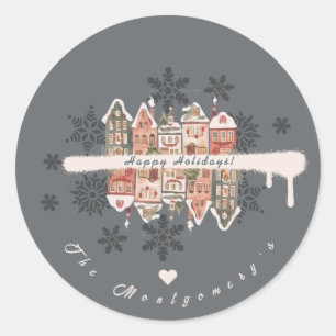 Sticker Rond Maisons de Noël enneigées Flocons de neige Gris