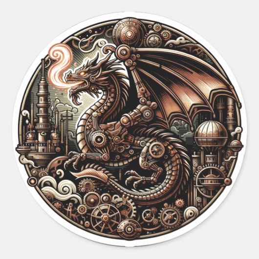 Sticker Rond Majesté mécanique : Le Dragon Steampunk de la Co (Devant)