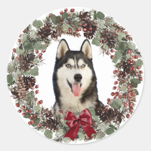 Sticker Rond Malamut Chien rouge Bow Pinecone Wreath Noël