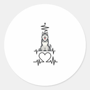 Sticker Rond Malamute d'Alaska Chien Rythme Cardiaque Ligne Cœu