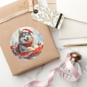 Sticker Rond Malamute d'Alaska dans la boue Laisser il neige No