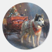 Sticker Rond Malamute d'Alaska Saison de Noël festive (Devant)