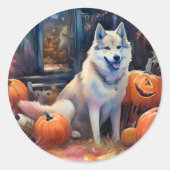 Sticker Rond Malamute d'Halloween en Alaska avec la peur Citrou (Devant)