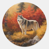 Sticker Rond Malamute en Alaska à l'automne Feuilles automne in (Devant)