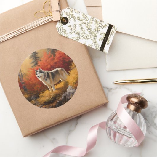 Sticker Rond Malamute en Alaska à l'automne Feuilles automne in (Cadeaux)