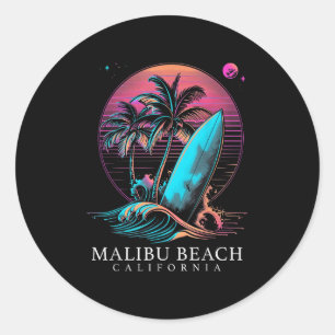 Sticker Rond Malibu Beach California Surf Board Vintage Surf