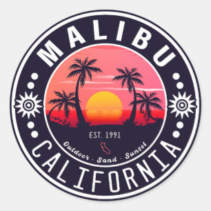 Sticker Rond Malibu Ca Retro Coucher de soleil Palmiers Souveni