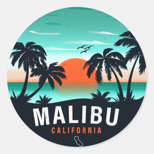 Sticker Rond Malibu California Retro Sunset Tropical Souvenirs (Devant)