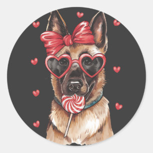 Sticker Rond Malinois belge sucré avec Lollipop Valentine's D