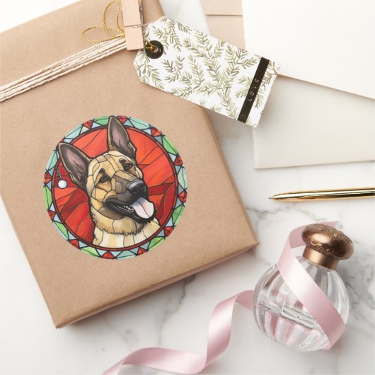 Sticker Rond Malinois Belge Vitrail de Noël (Cadeaux)