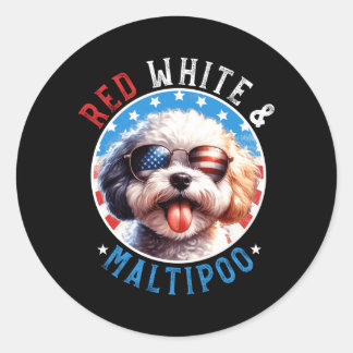 Sticker Rond Maltipoo Chien 4 Juillet Rouge Blanc Et Maltipoo