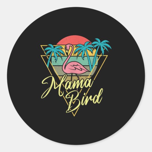 Sticker Rond Mama Bird Flamant rose Sunset Palm Tree Beach anné (Devant)