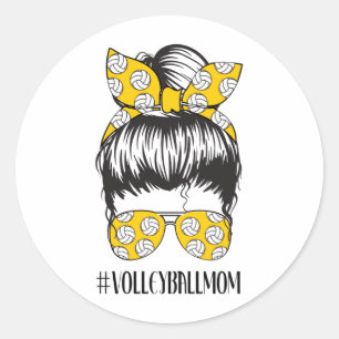 Sticker Rond Mama de Volley-ball Messy Bun Funny Volley Mama 