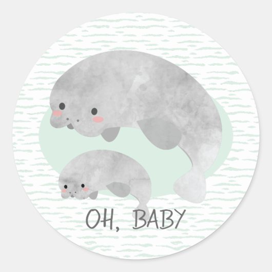 Sticker Rond Mama mignonne & Manate bébé avec Baby shower Waves (Devant)
