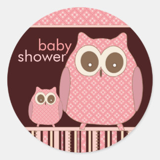Sticker Rond Mama Owl & Baby Owl en rose et Brown