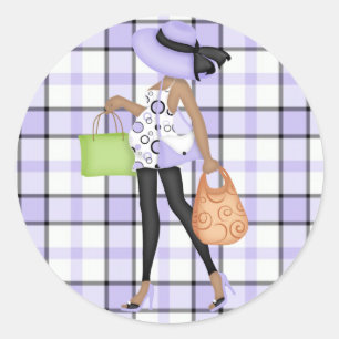 Sticker Rond Maman à être (peau foncée) avec Plaid violet et no