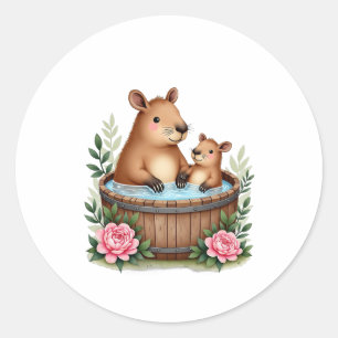 Sticker Rond Maman capybara journée au spa bain à remous Jour d