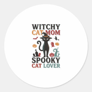 Sticker Rond Maman chat Halloween Design sorcière vintage amate