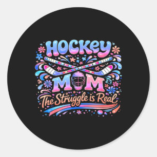 Sticker Rond Maman de hockey rose bleu rétro 70s groovy vintage